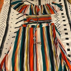 Striped off the shoulder two piece maxi skirt